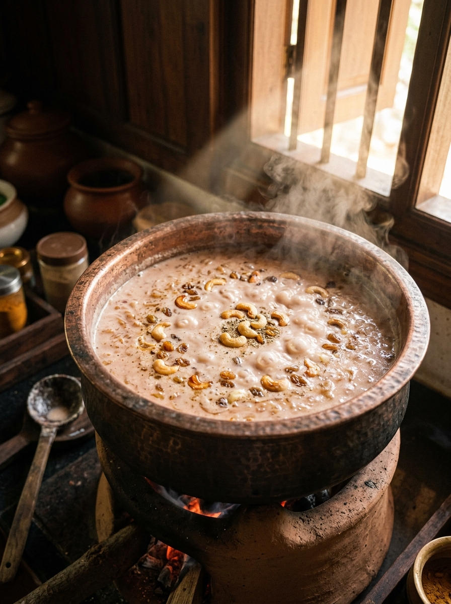 Ada Pradhaman payasam simmering in a heritage bronze uruli