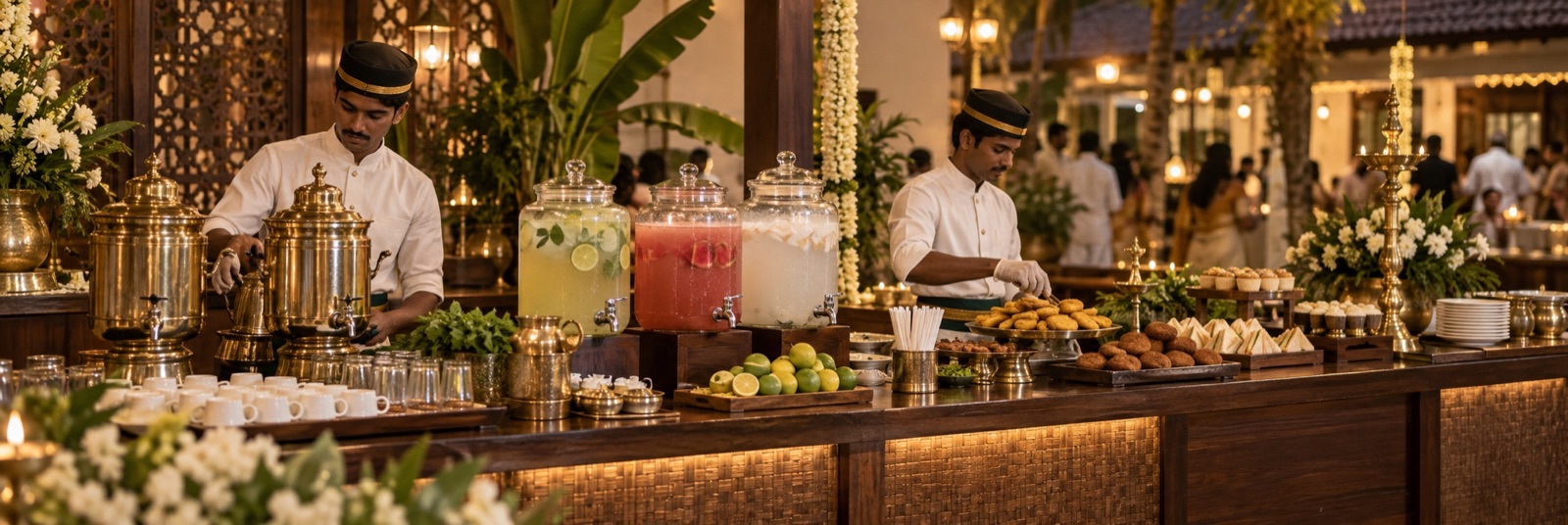 Kerala wedding welcome-drinks and high-tea counter with brass serveware