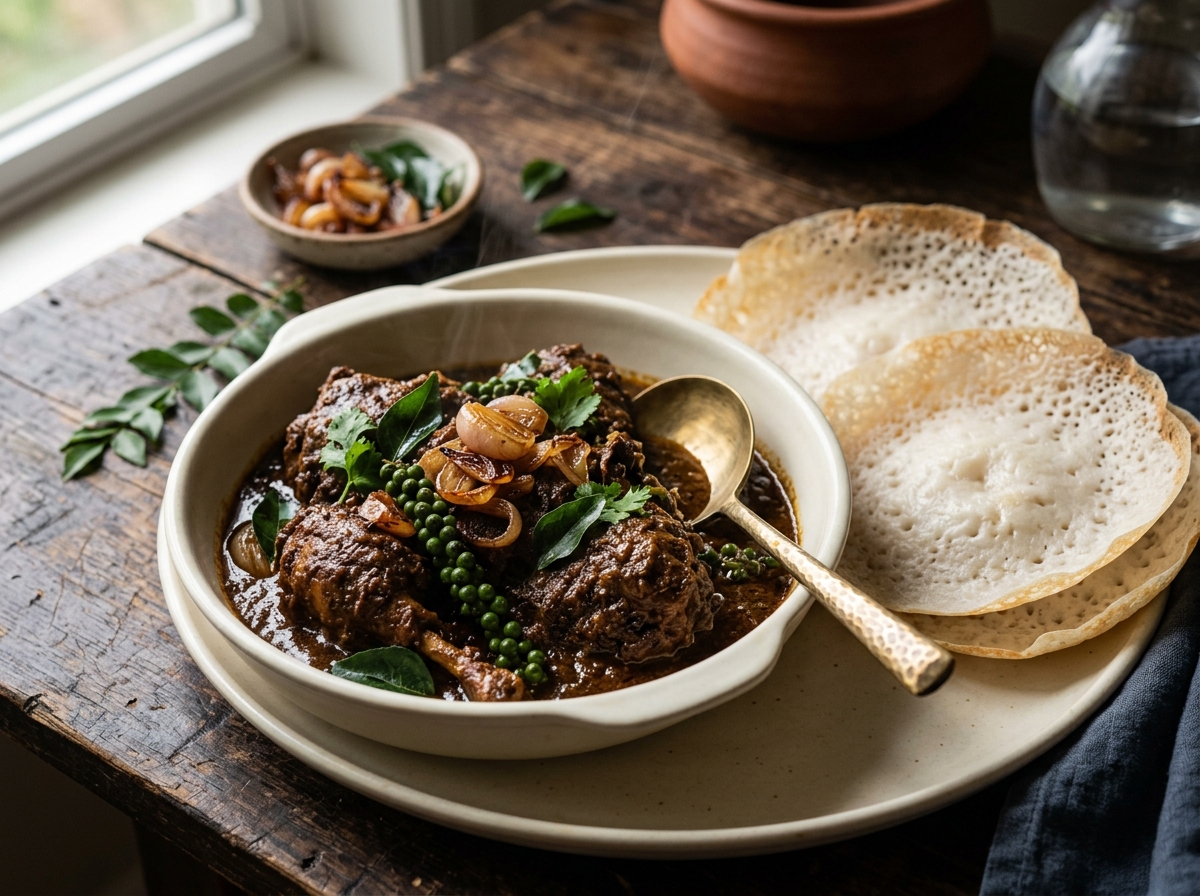 Kuttanadan duck roast with appam, Syrian Christian feast styling
