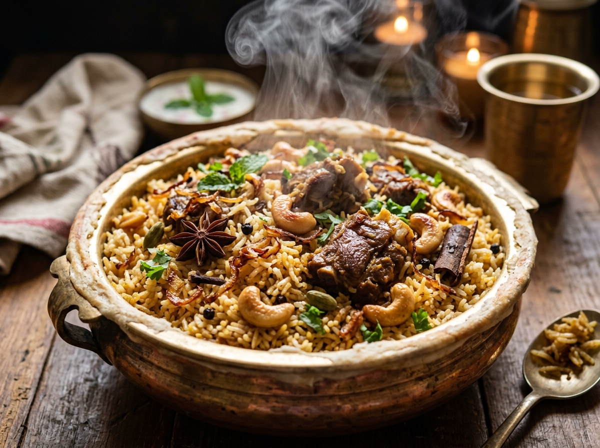 Thalassery mutton dum biryani with Kaima rice and golden garnish