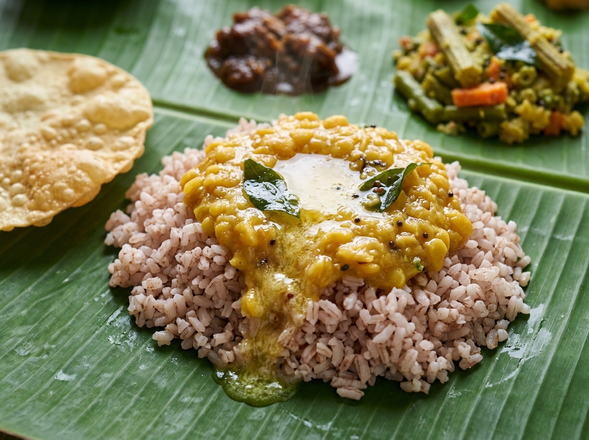 Close-up of parippu and ghee on Matta rice during a Kerala sadya