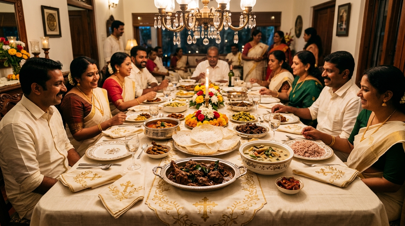 Syrian Christian betrothal banquet table in Kottayam with duck roast and appam