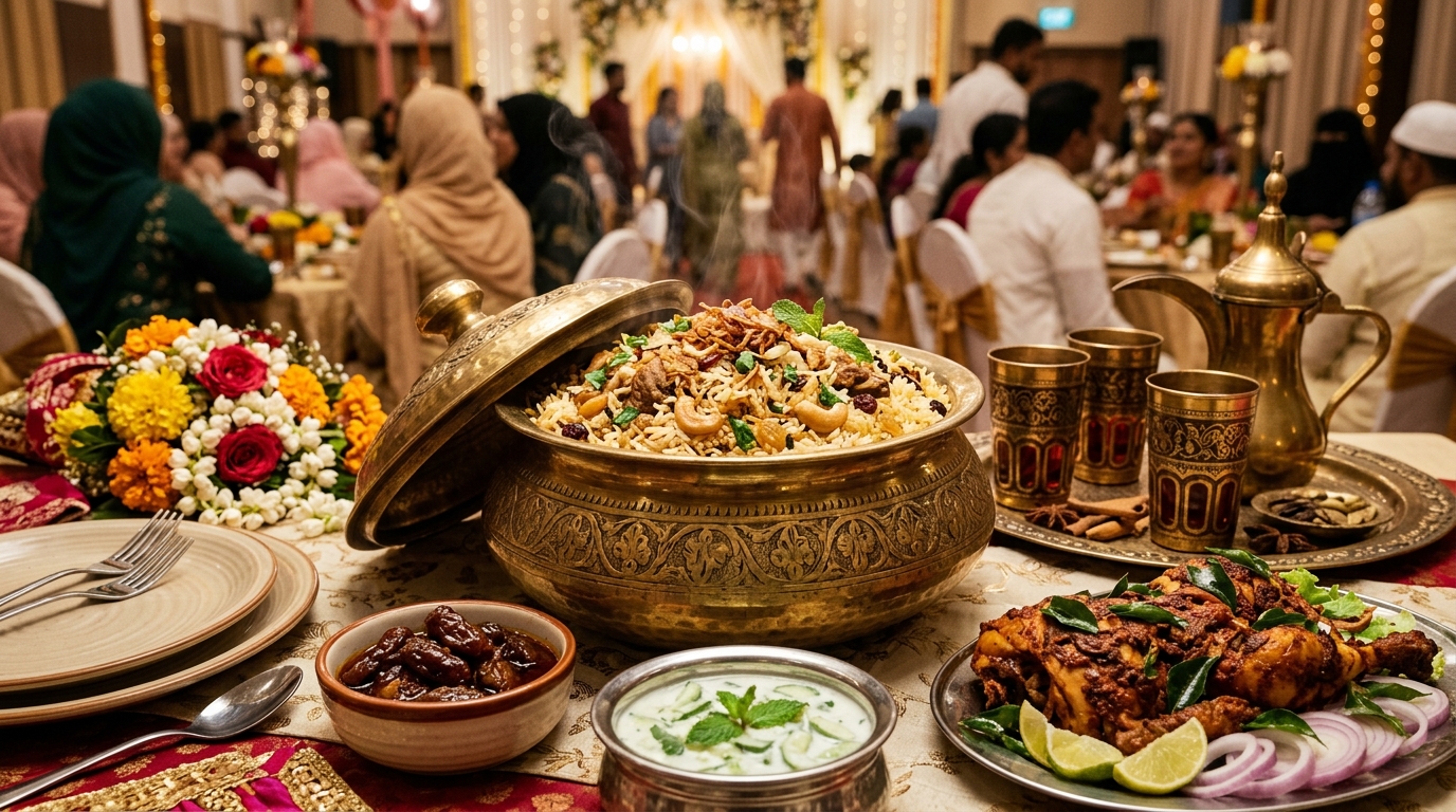Malabar Nikah feast with Thalassery Kaima dum biryani and brass serveware