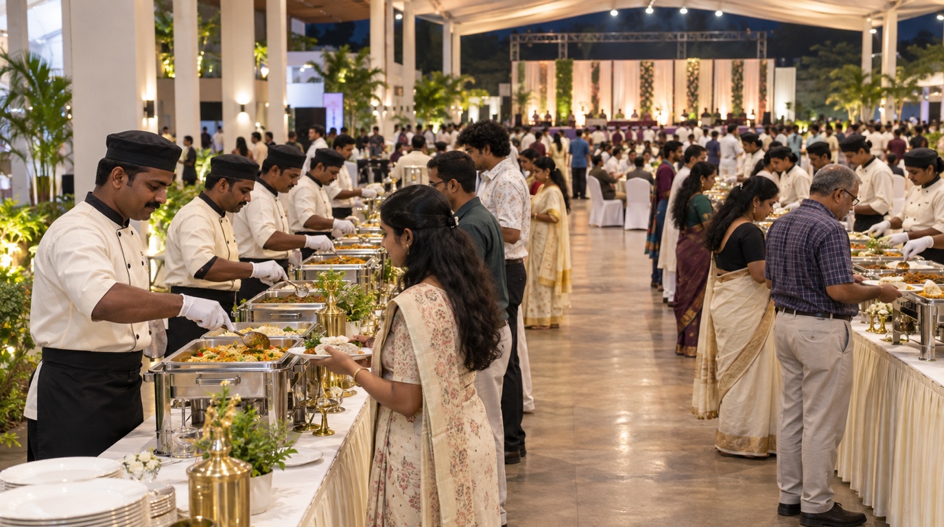 Uniformed catering team serving guests across two organized buffet lines at a large Kerala event