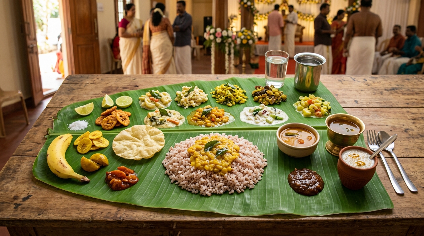 Traditional Kalyana sadya spread on a fresh plantain leaf