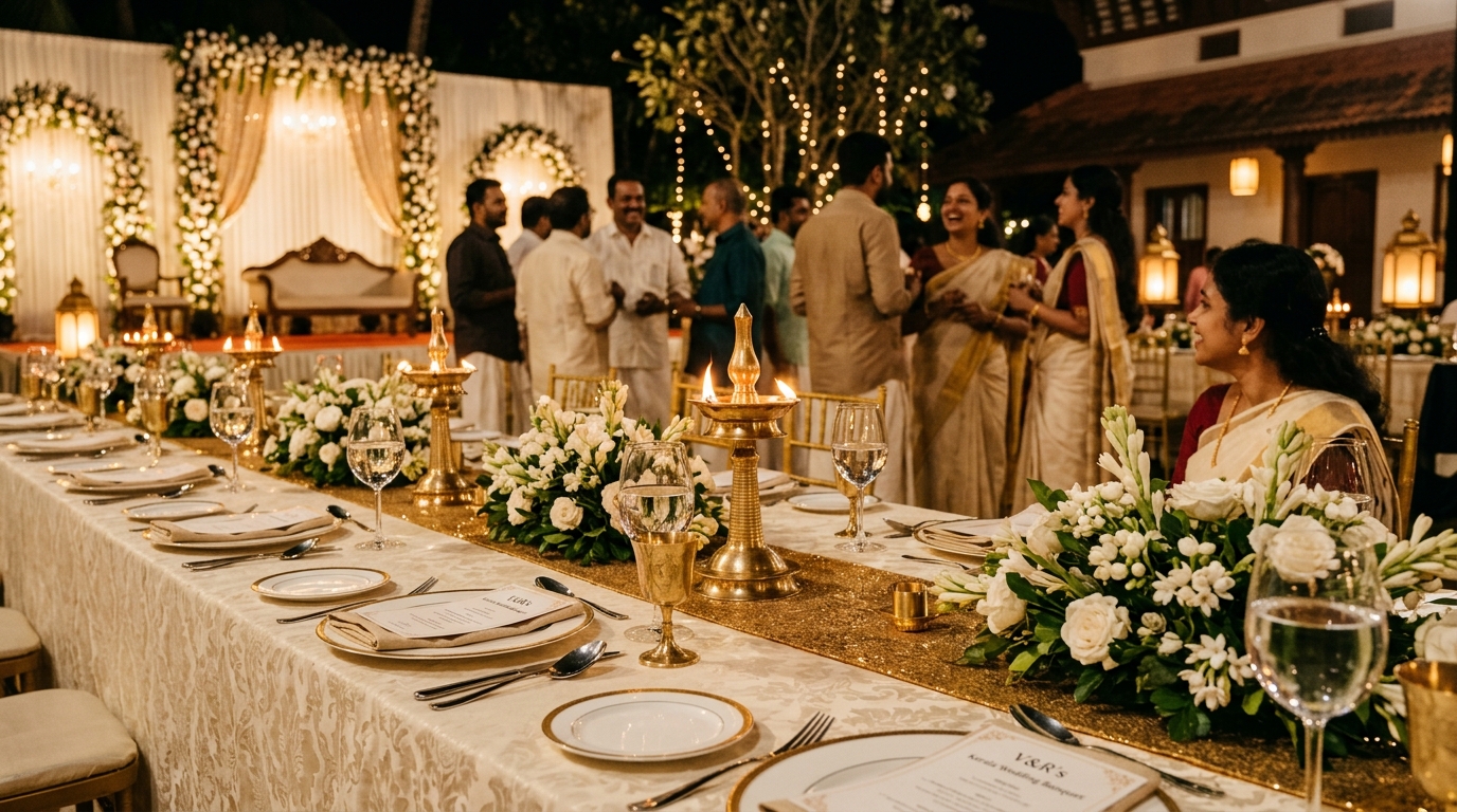 Elegant Kerala wedding reception banquet with ivory linens and brass lamps