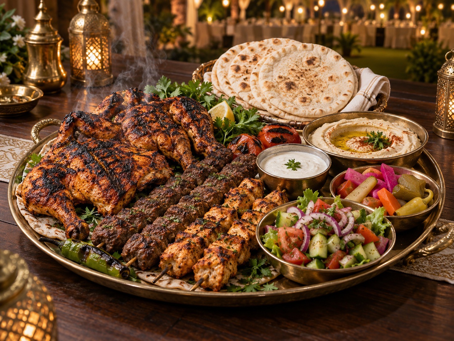 Arabic mixed grill with Al Faham chicken, kebabs, kuboos, hummus, and salads