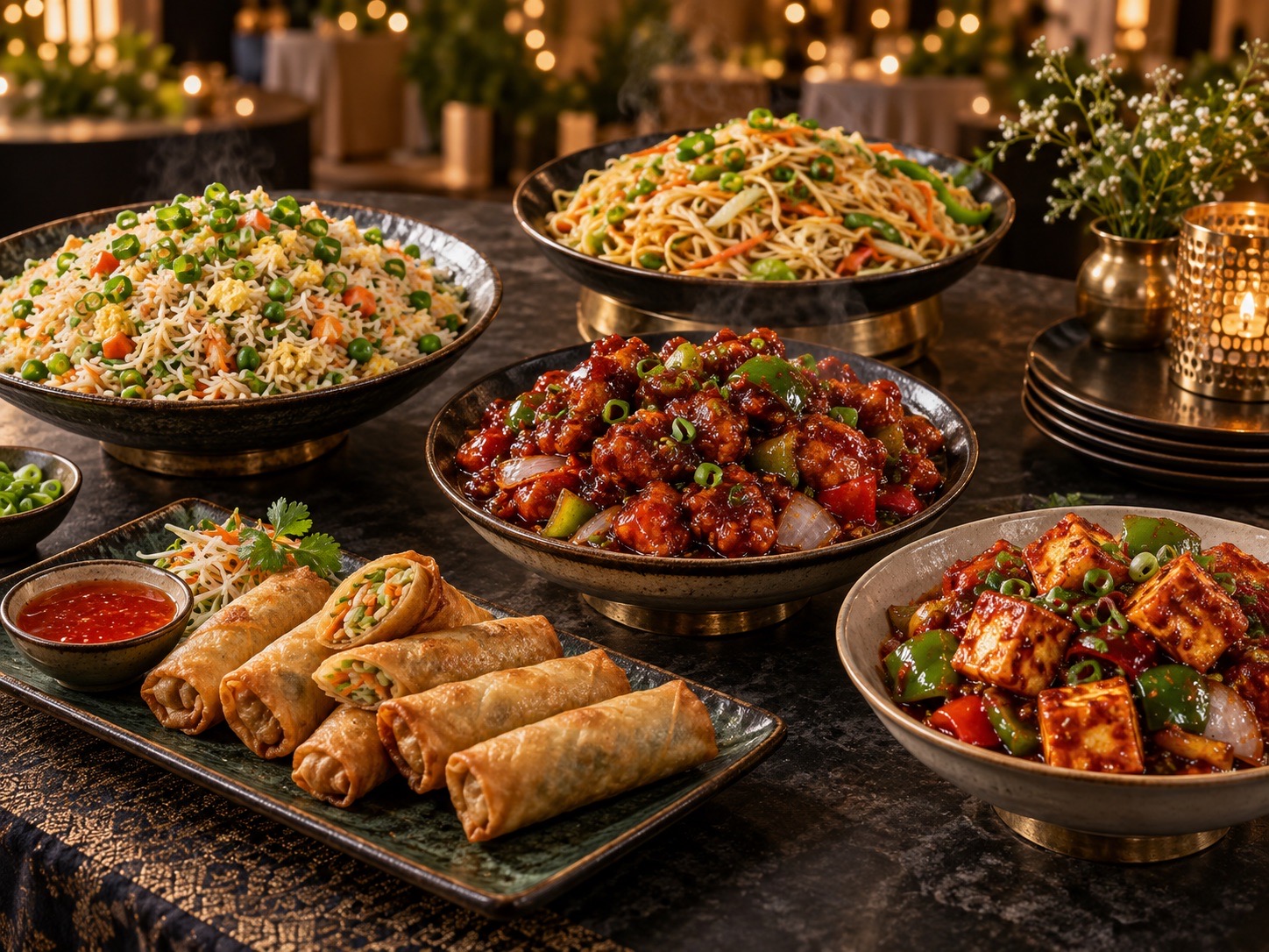 Indo-Chinese banquet spread with fried rice, chilli chicken, noodles, spring rolls, and chilli paneer
