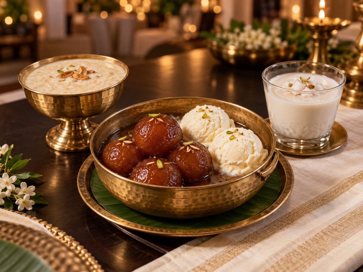 Warm gulab jamun with vanilla ice cream, palada payasam, and tender coconut pudding