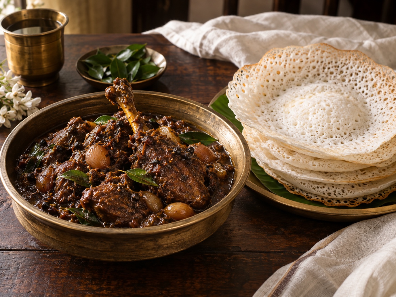 Kuttanadan duck roast with lacy appam, Syrian Christian feast styling