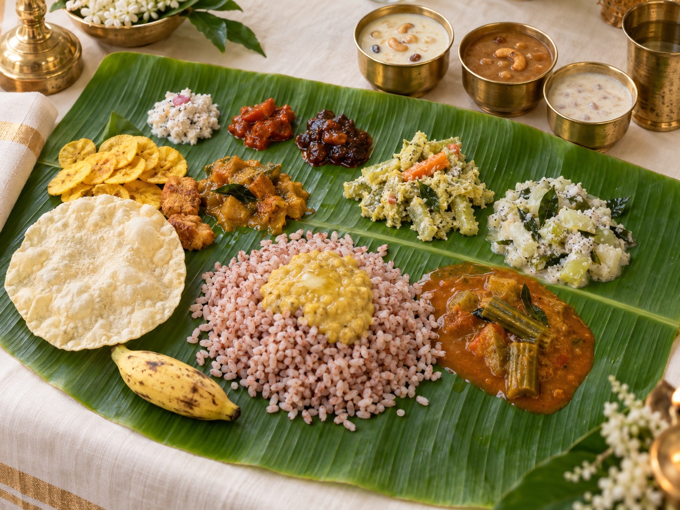 Kalyana sadya spread on fresh plantain leaf with parippu, ghee, and accompaniments