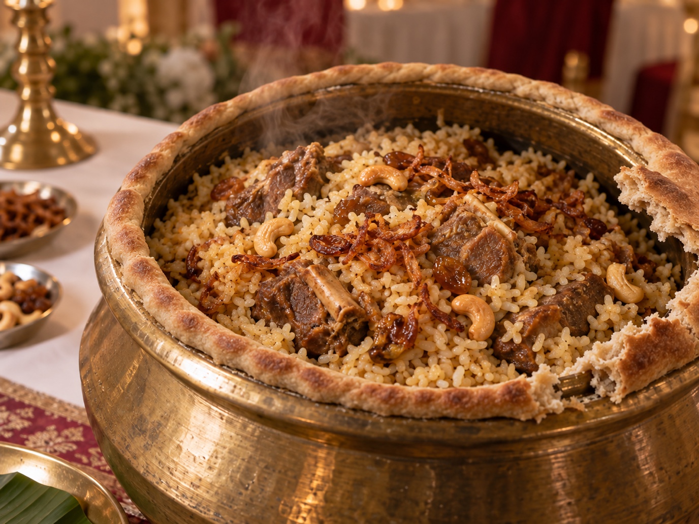 Thalassery Kaima dum biryani unsealed from a brass handi with aromatic steam