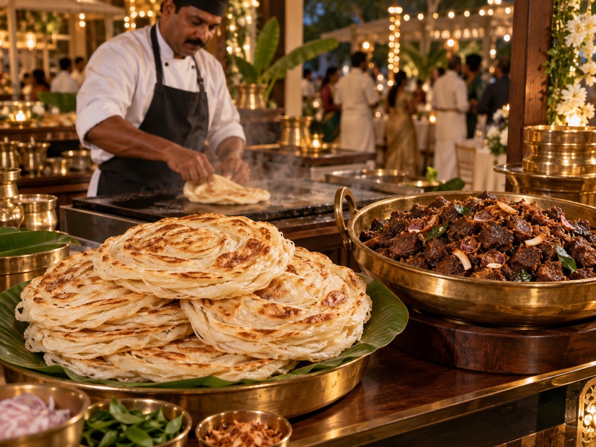 Fresh Kerala porotta and beef roast at a live wedding counter