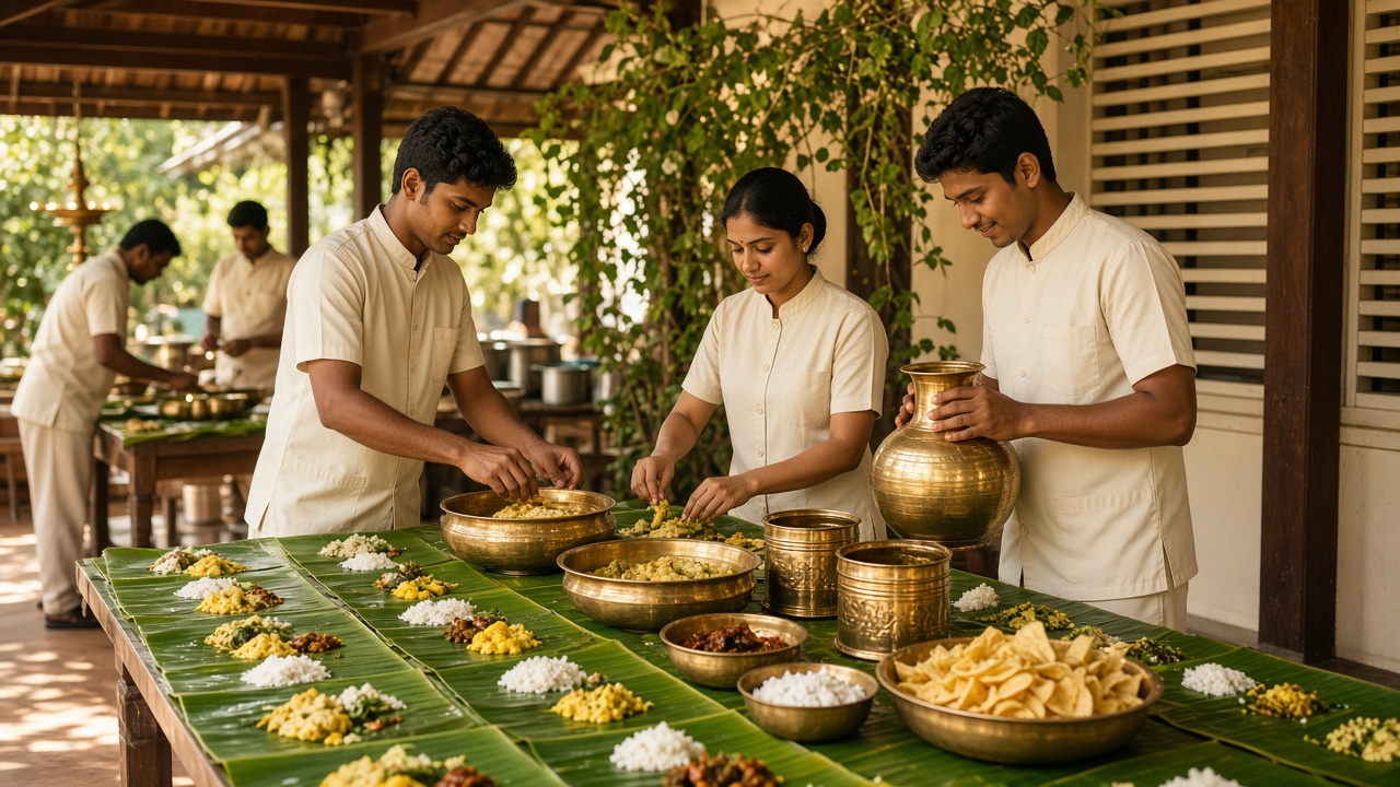 Young Ruchi Catering stewards and kitchen crew preparing a wedding banquet in Kottayam
